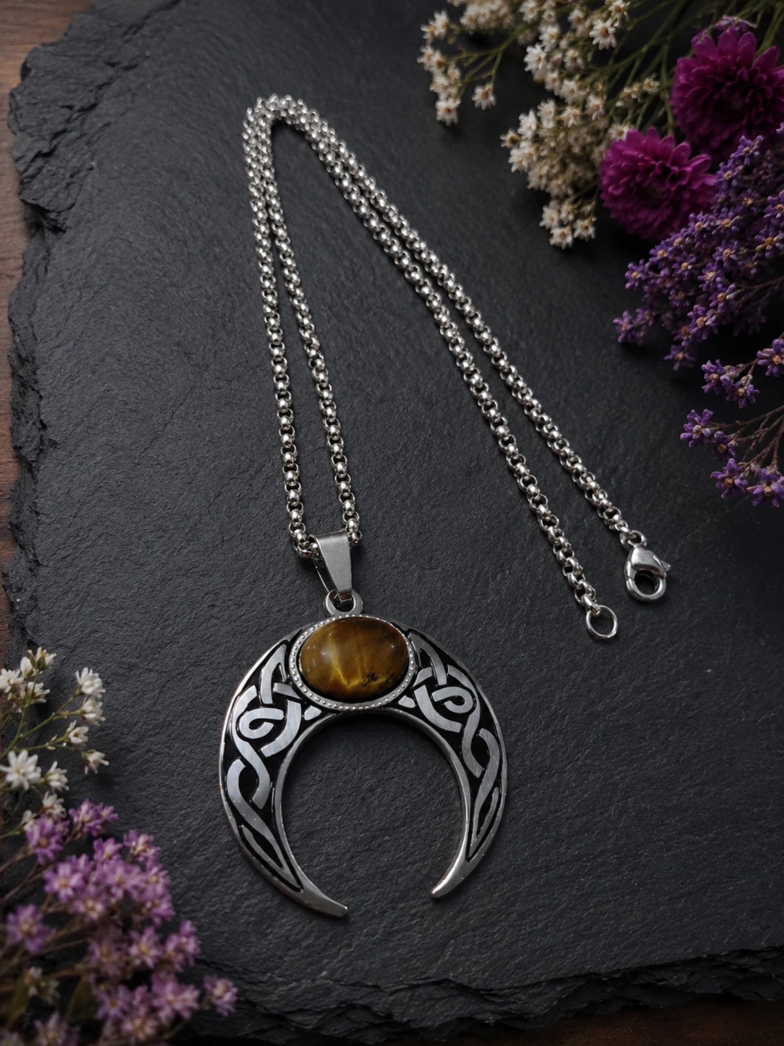 Tiger's eye stone moon steel pendant – photo 2